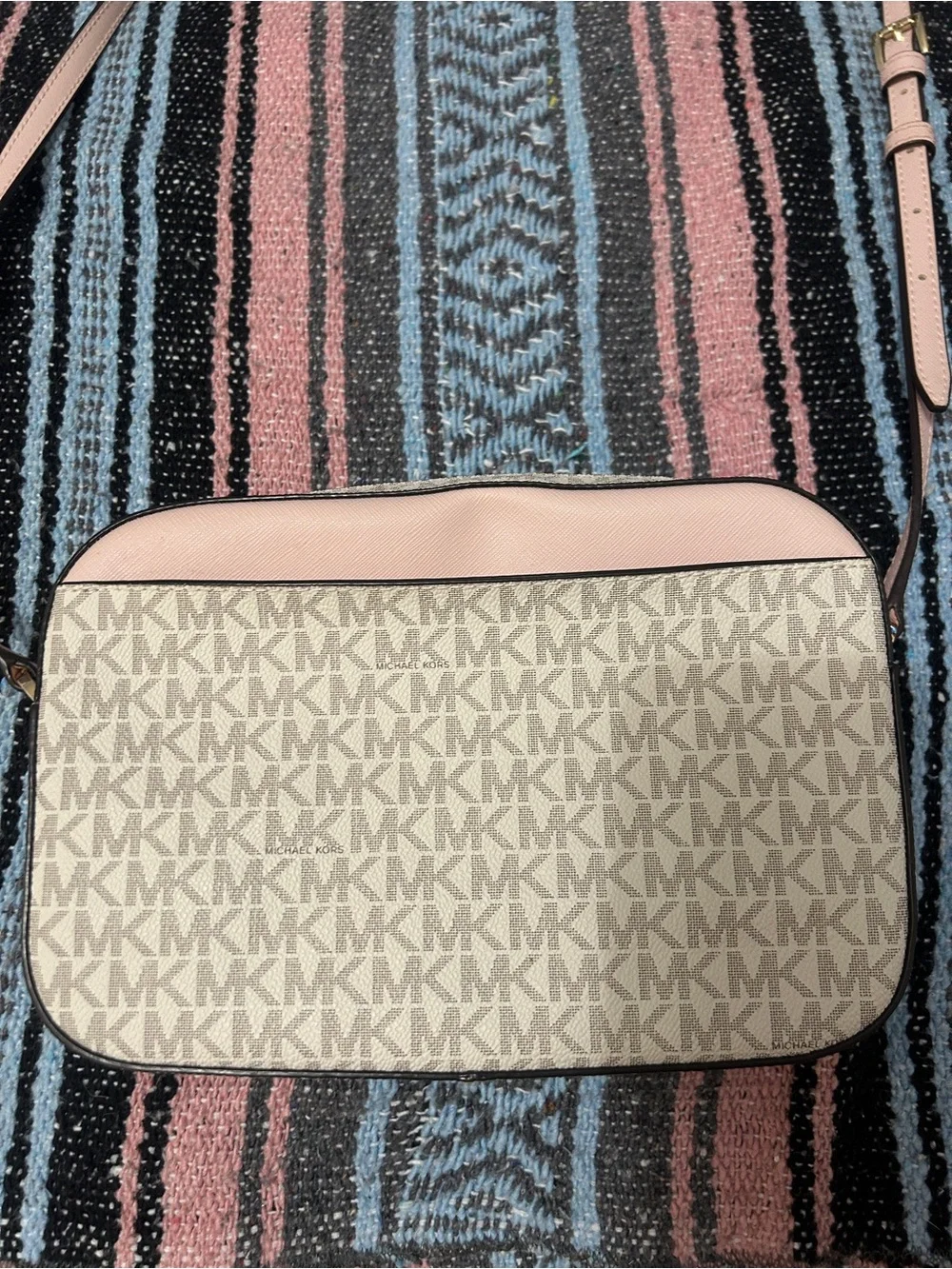 Michael Kors Pink and Vanilla MK Logo Crossbody with Gold Chain